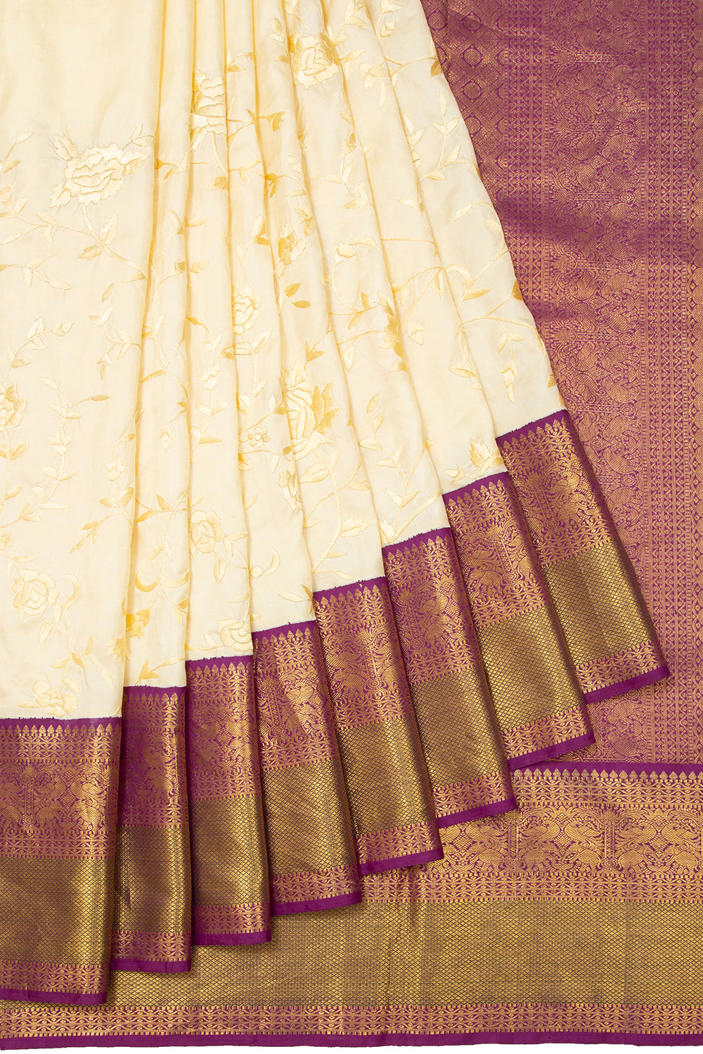 Parsi Gara Kanchipuram Silk Embroidery Cream Saree