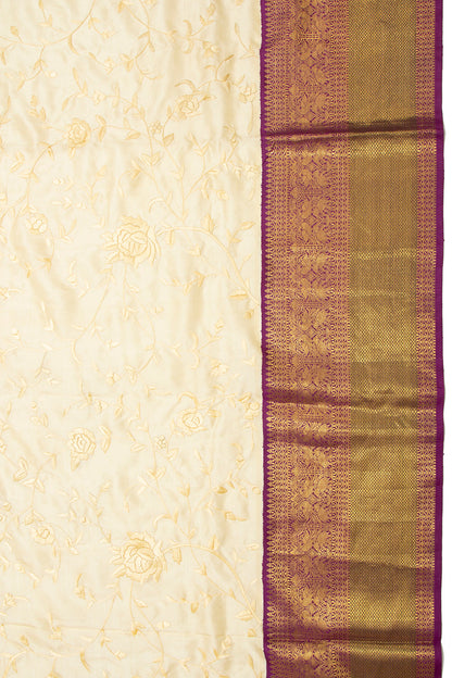 Parsi Gara Kanchipuram Silk Embroidery Cream Saree