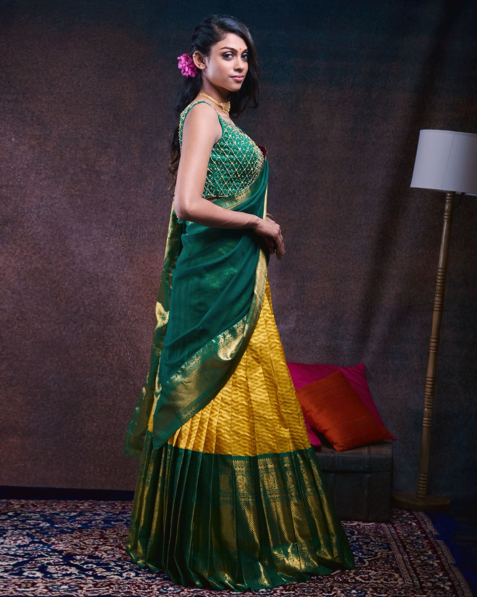 Kanchipuram Silk Brocade Yellow Lehenga With Georgette And Tussar Fusion