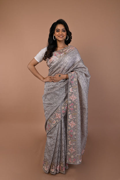 Organza Floral Embroidery Grey Saree