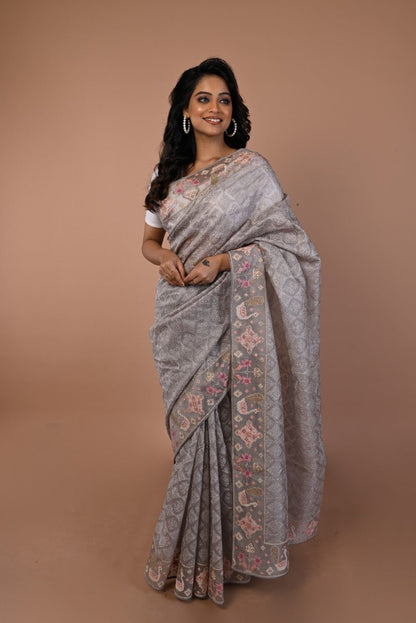 Organza Floral Embroidery Grey Saree