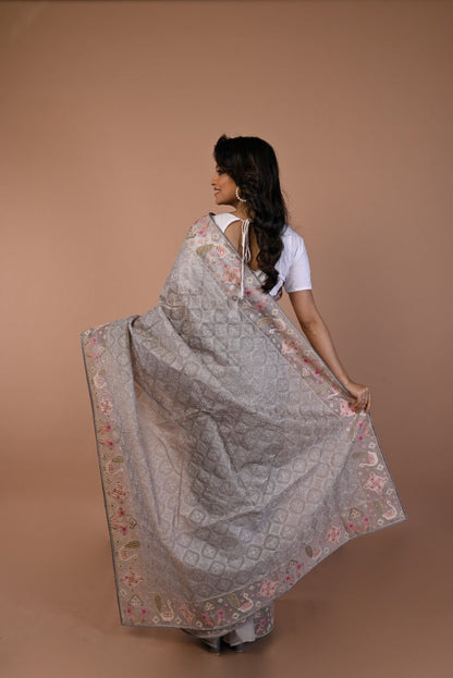 Organza Floral Embroidery Grey Saree