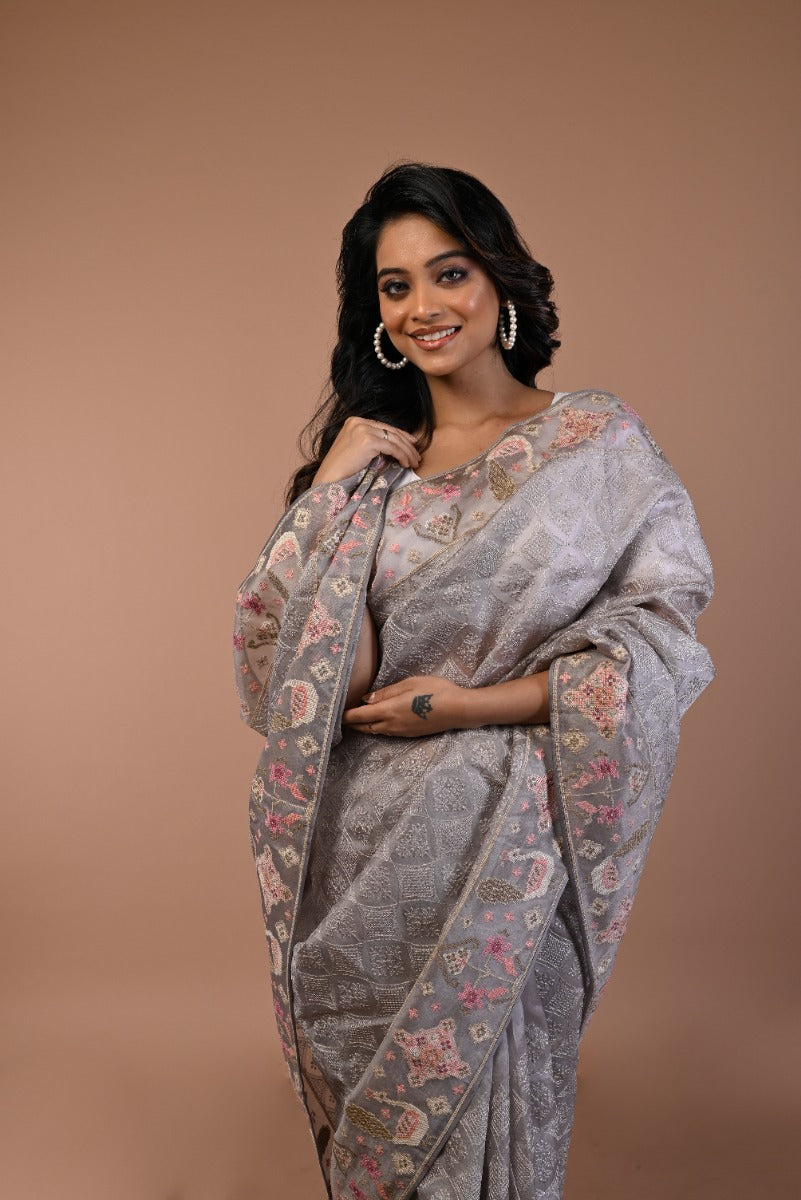 Organza Floral Embroidery Grey Saree