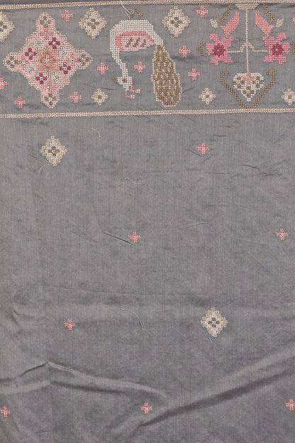 Organza Floral Embroidery Grey Saree